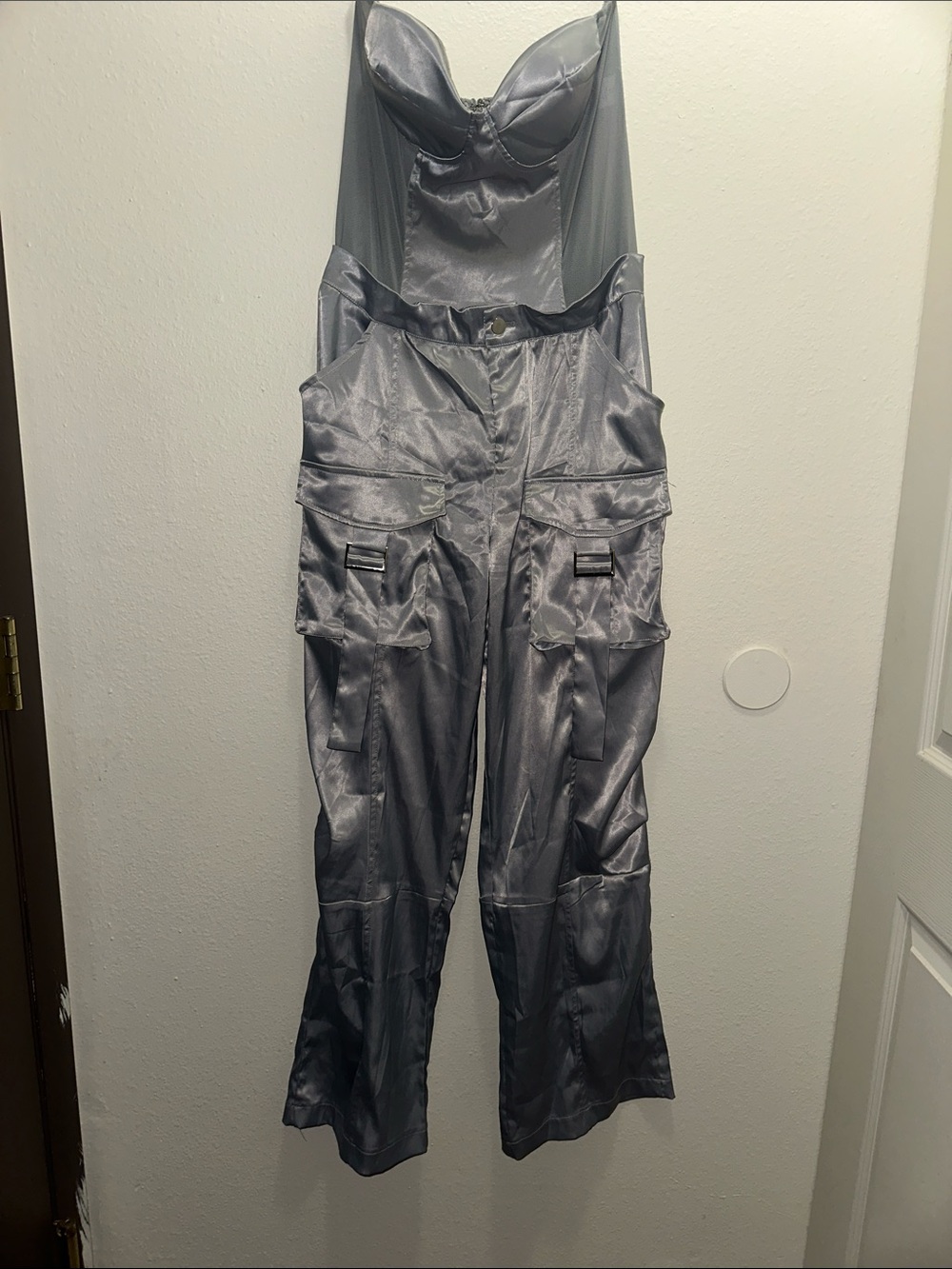 Satin Cargo Bustier Jumpsuit in Charcoal Gray